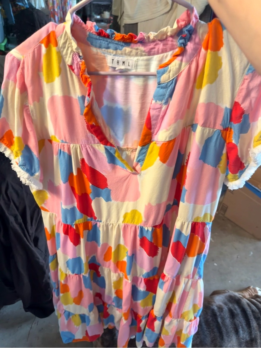THML Multicolor Ruffle V-Neck Tunic Top - Pink, Blue, Yellow, Orange